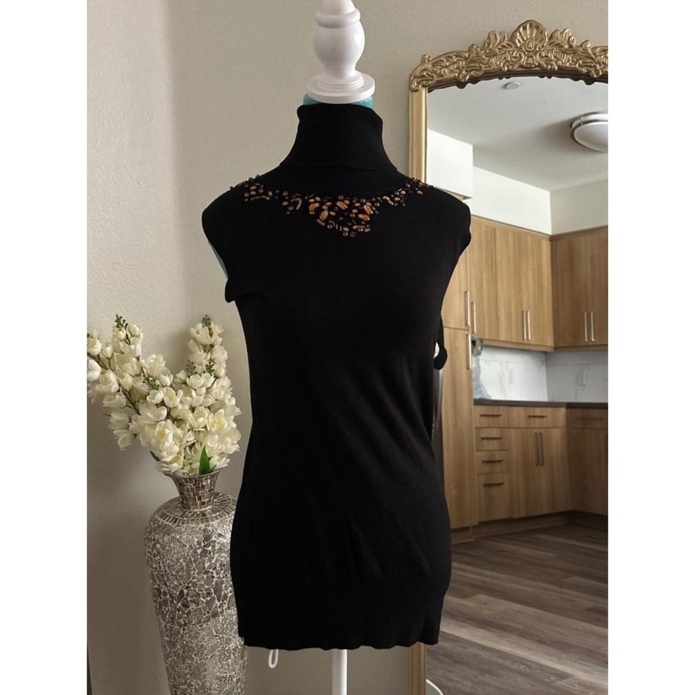 Womens Black Beaded Turtleneck‎ Sleeveless Sweater Embellished Knit Top